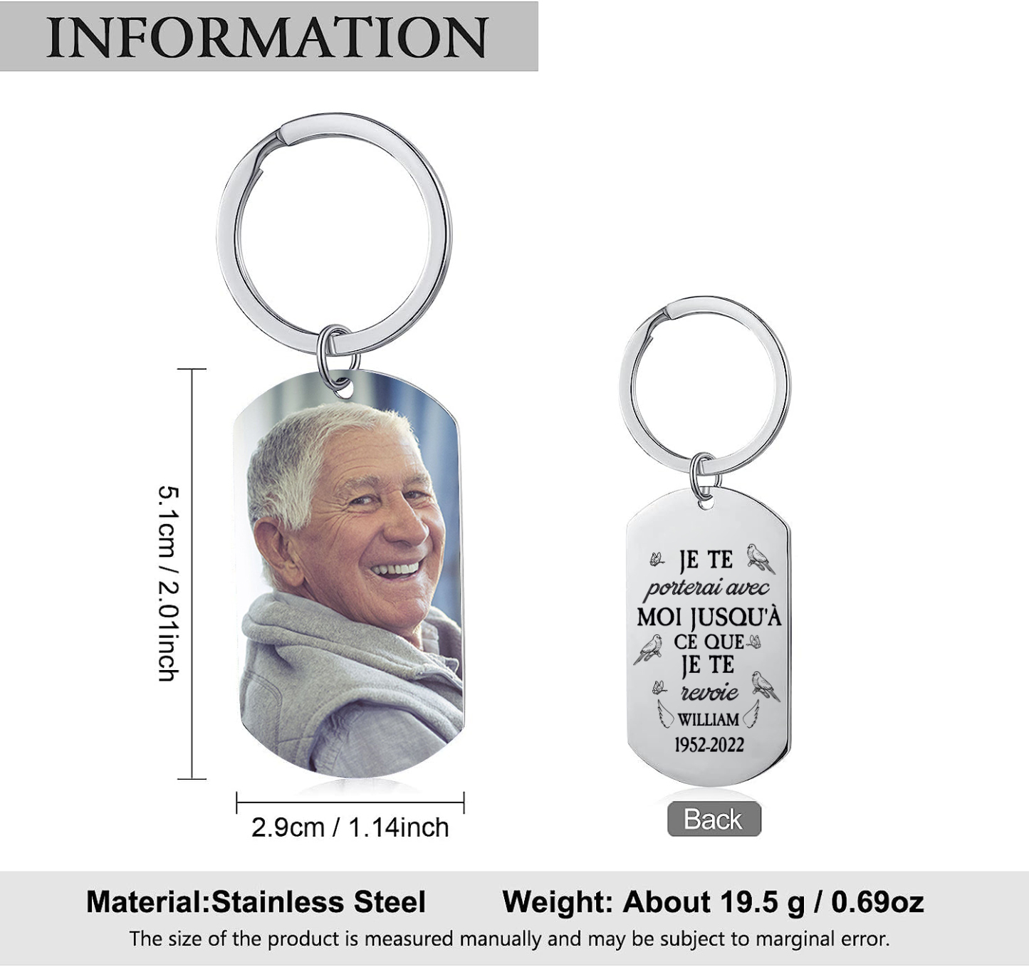 Porte-Clés Commémoratif Photo avec Prénom et Année Personnalisés