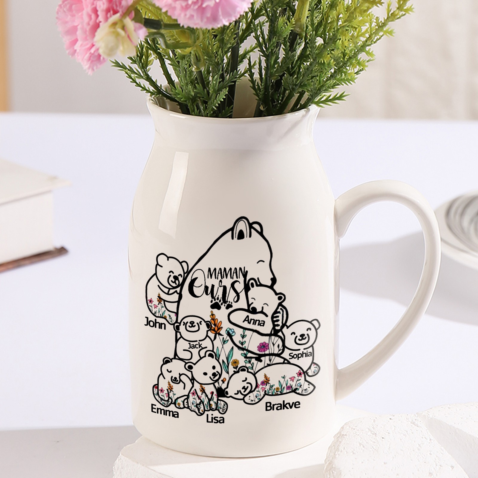 Vase à Fleurs Ours 7 Prénoms Personnalisés avec Texte Décoration de la Maison