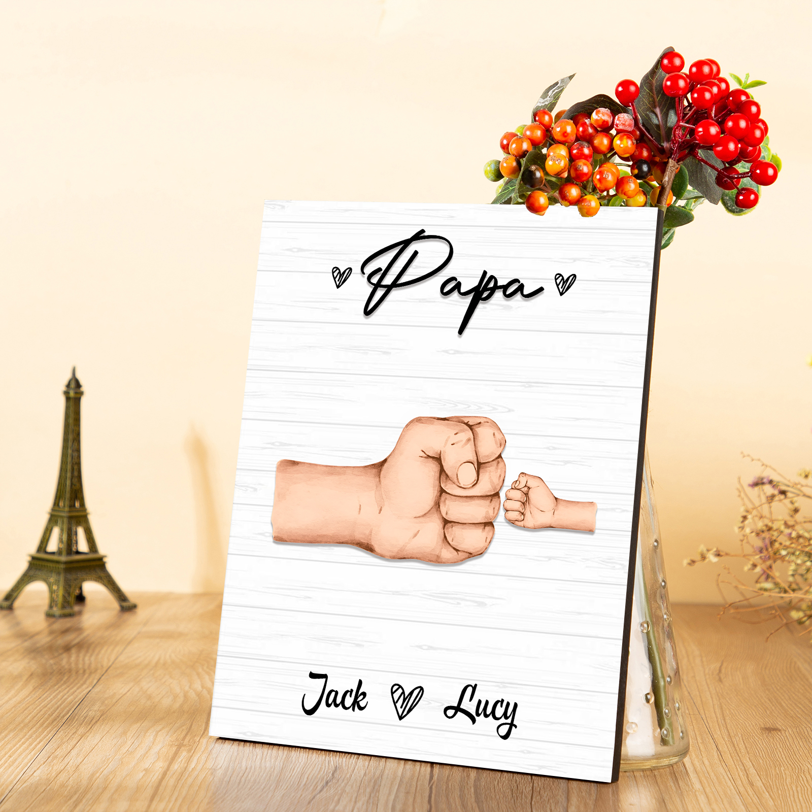 À Mon Papa/Papi-Cadre en Bois Poings 2 Prénoms Personnalisés avec Texte