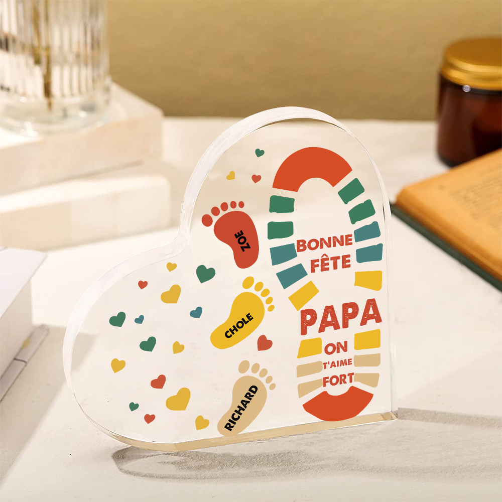 À mon Papa - Plaque Acrylique en Forme de Cœur Empreintes 3 Prénoms Personnalisés