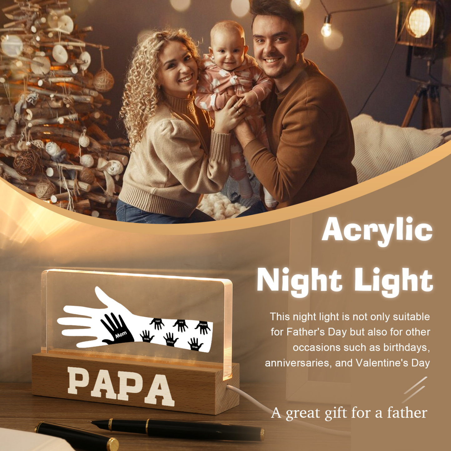 À Papa/Maman- Lampe de chevet LED Mains 7 Prénoms Personnalisés avec Texte pour Famille