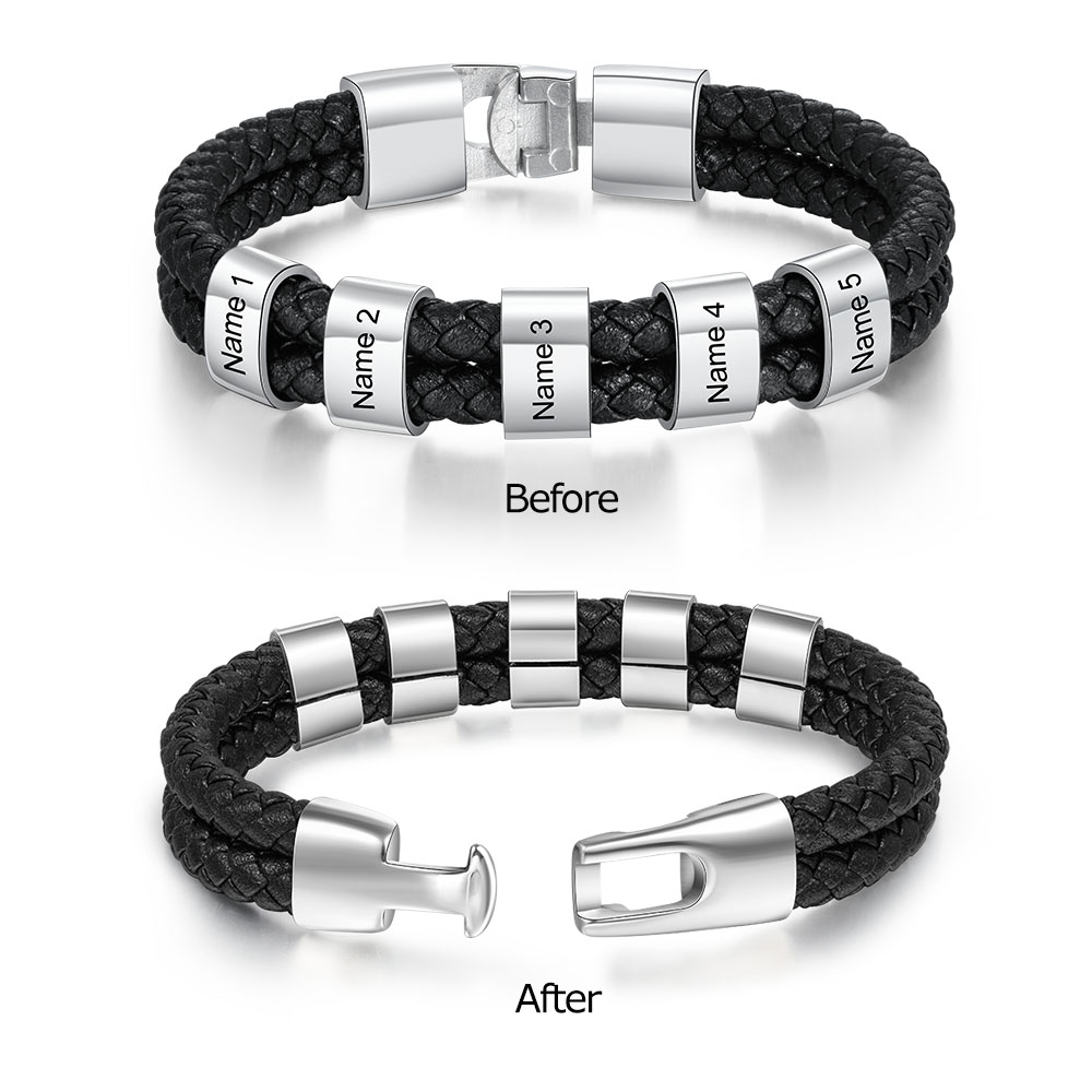 À mon homme - Bracelet en cuir tressé à perles personnalisé pour petit-ami / mari avec 5 prénoms gravés