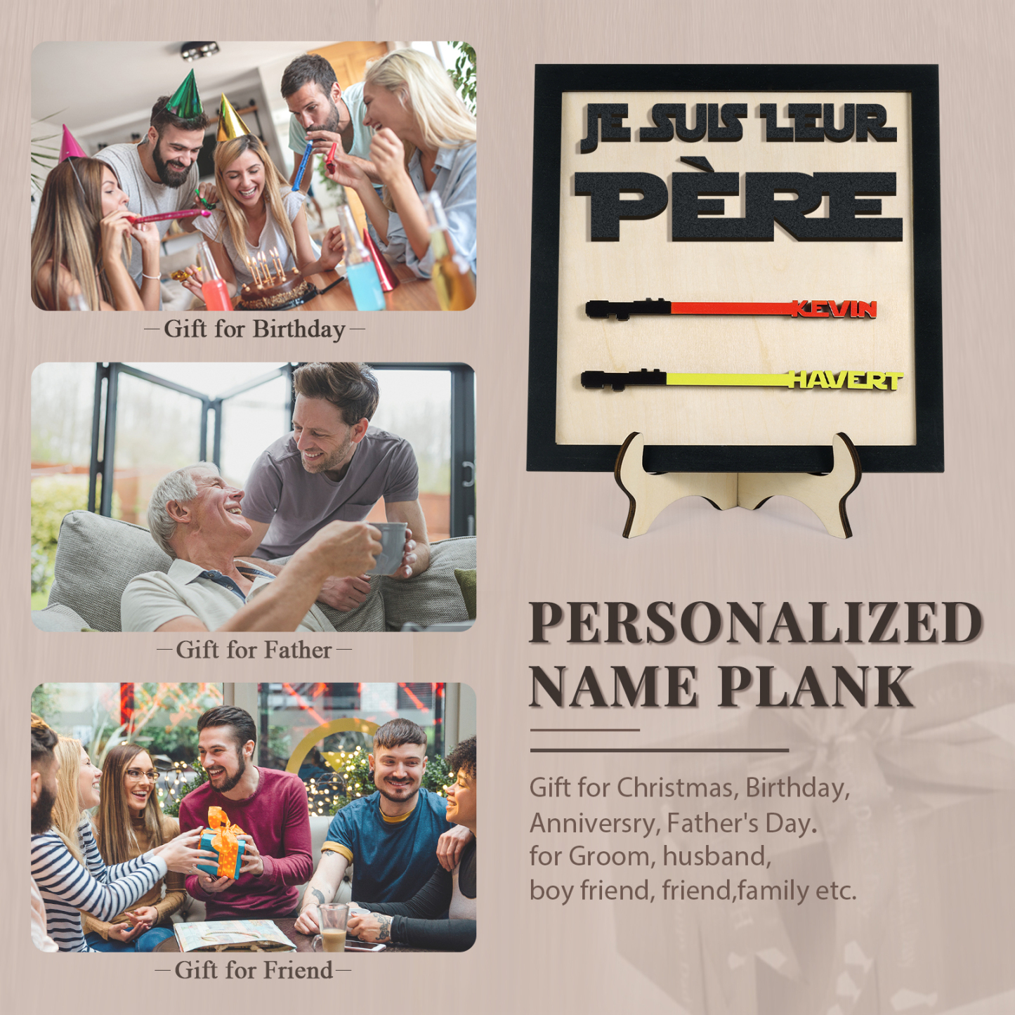 À mon Papa - Décoration en bois 2 Prénoms Personnalisés Ornement pour Père