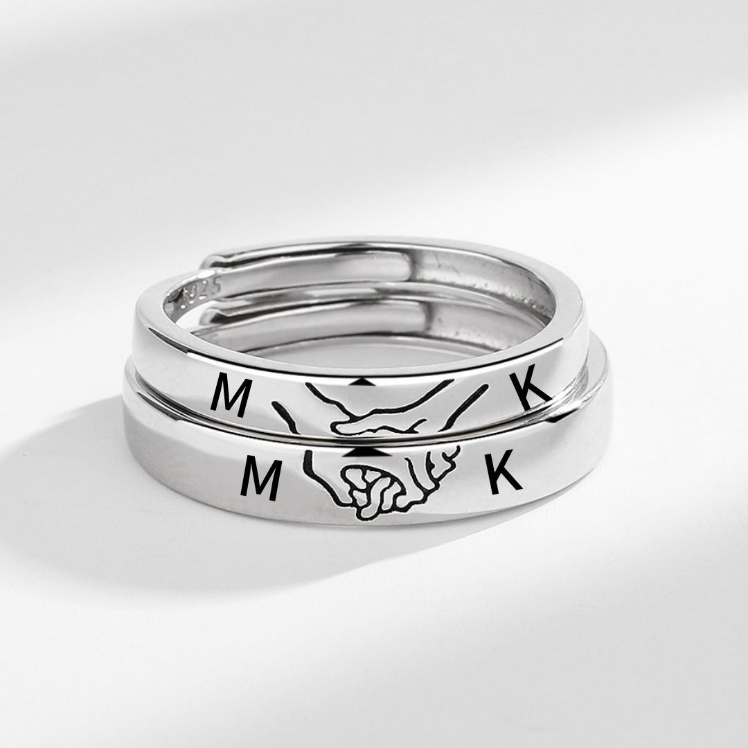 Bague en Argent 925 La Main Dans La Main Réglable Couple 2PCS 2 Lettres Personnalisée Alliance｜Jessemade