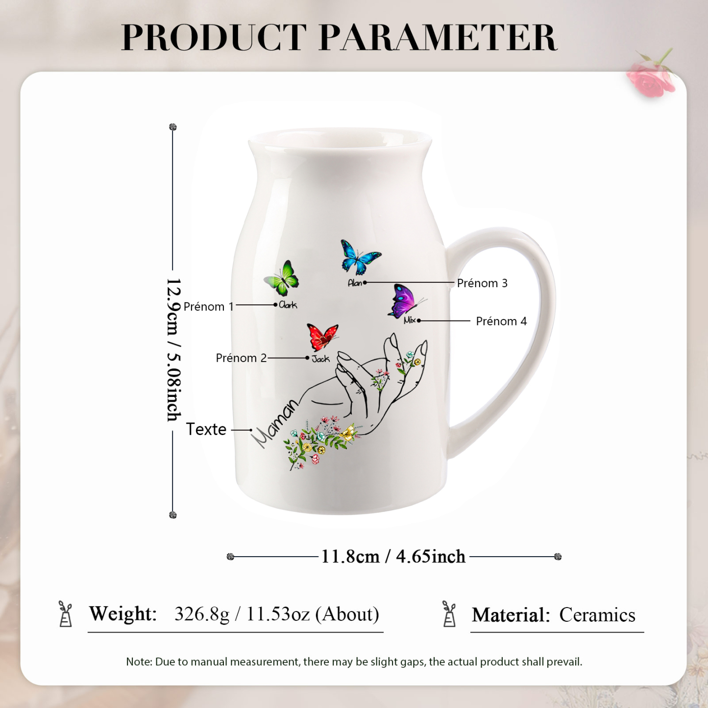 Vase à Fleurs Mains et Papillons 4 Prénoms Personnalisés avec Texte Décoration de la Maison