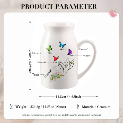 Vase à Fleurs Mains et Papillons 4 Prénoms Personnalisés avec Texte Décoration de la Maison