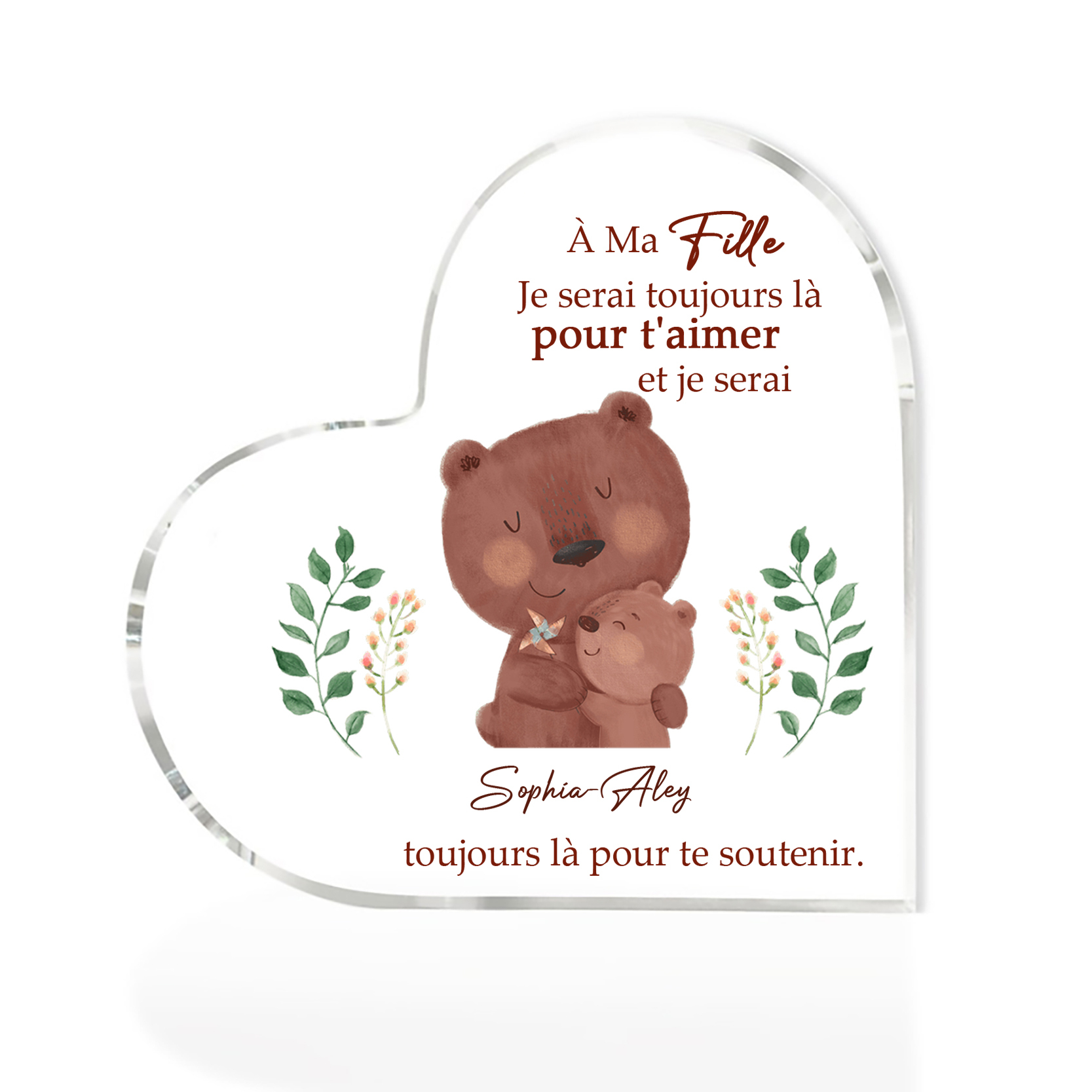 À ma Fille - Plaque Acrylique Ours en Forme de Cœur 2 Prénoms Personnalisés