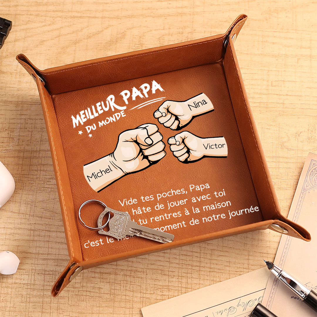 Vide-poche en cuir personnalisé pour papa avec 1 à 6 Prénoms et motif Poing