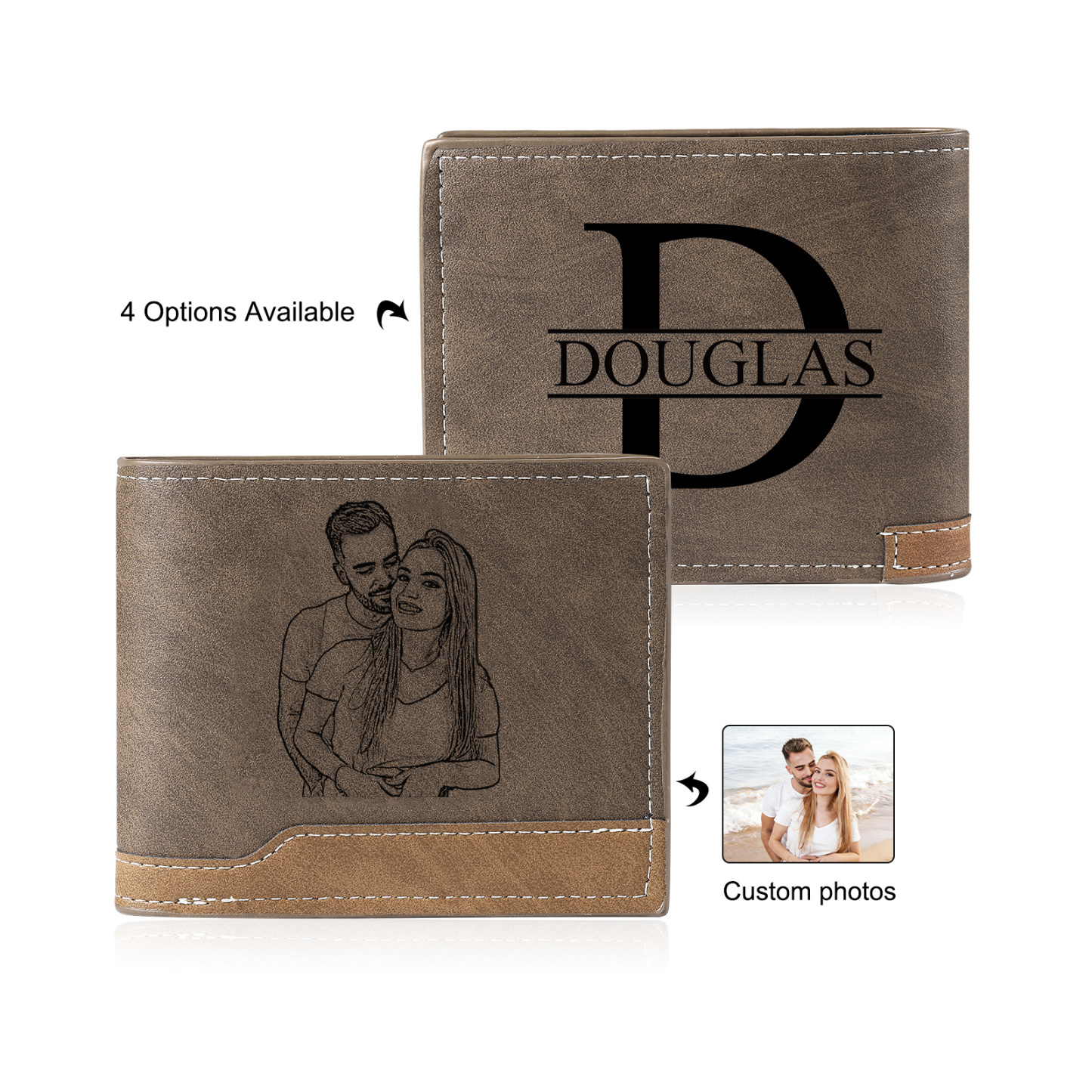 Portefeuille Homme Bicolore Personnalisé en cuir PU, à deux volets, personnalisé avec Photo, Calendrier, Initiales ou Prénom