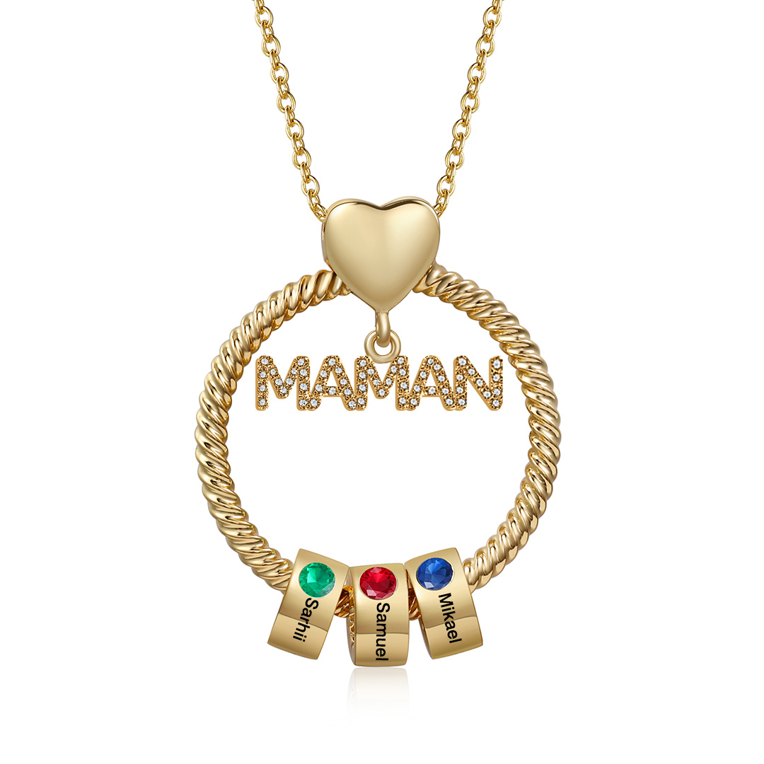 À ma Maman - Collier Pendentif 3 Prénoms Personnalisés avec Pierre de naissance | Jessemade