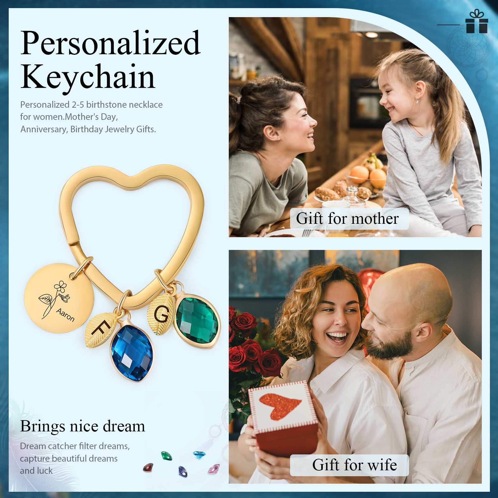 Porte-Clés Fleur de Naissance Feuilles 1 Prénom et 2 Lettres Personnalisés avec 2 Pierre de Naissance