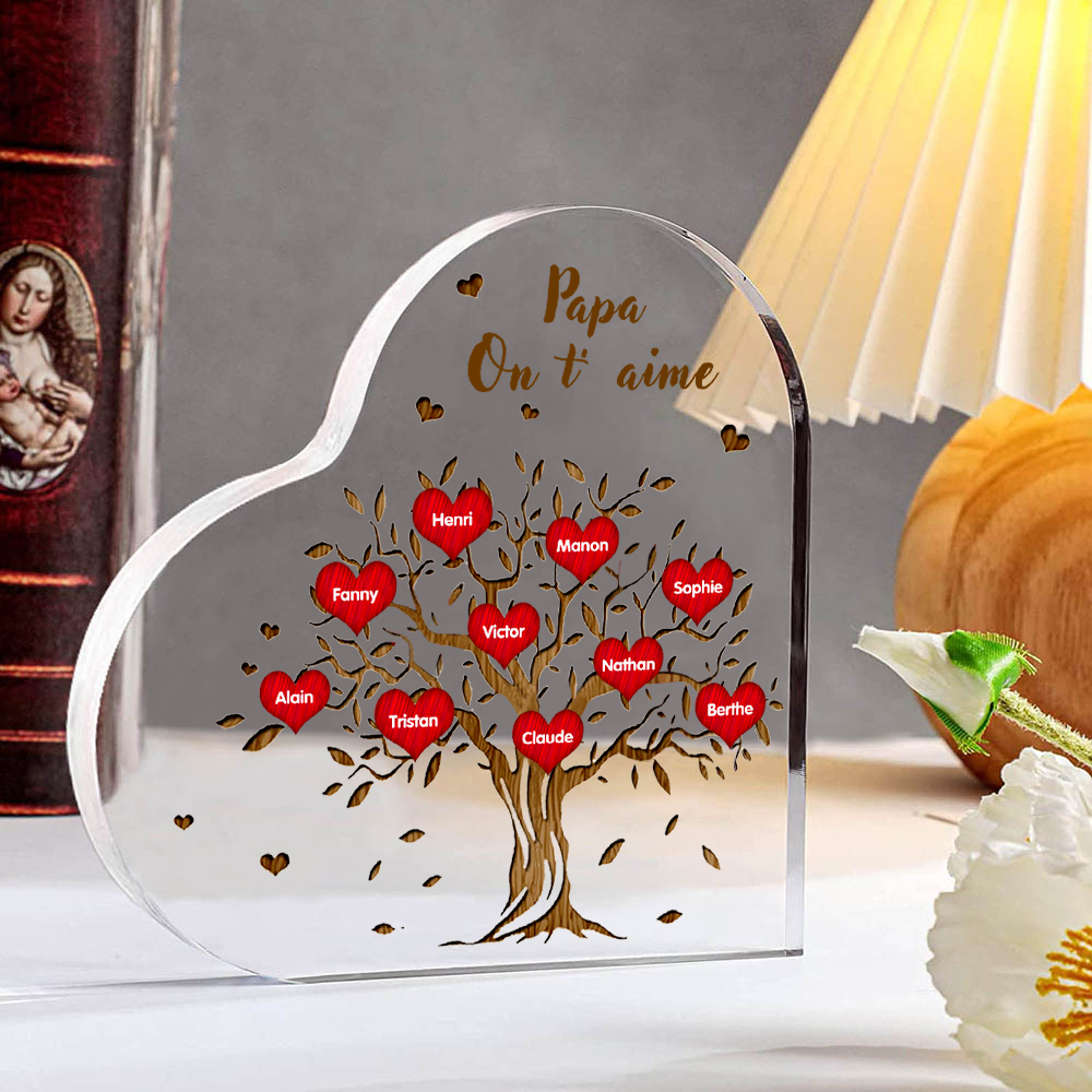Plaque Acrylique en Forme de Cœur Arbre de vie Arbre généalogique 10 Prénoms Personnalisés avec Texte | Jessemade