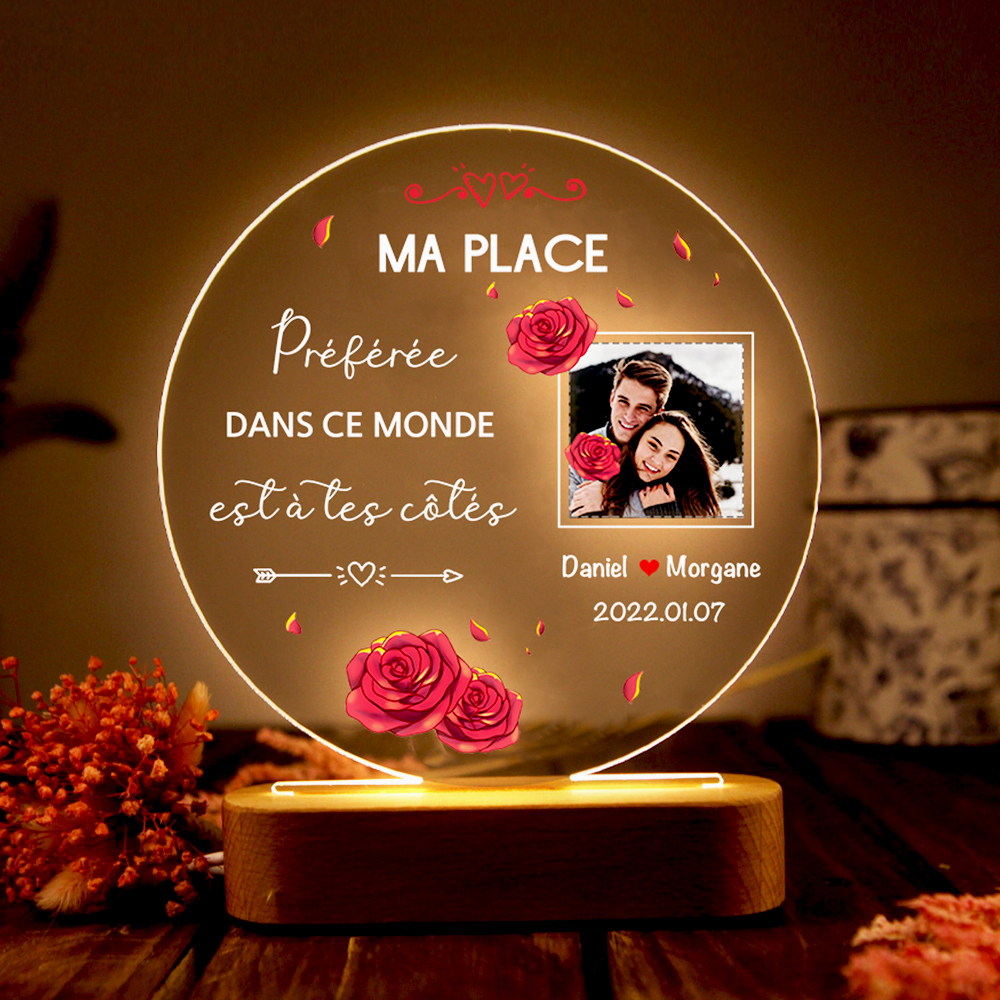 Lampe de chevet Couple LED Lumières 2 Prénoms et 1 Photo Personnalisés avec Date