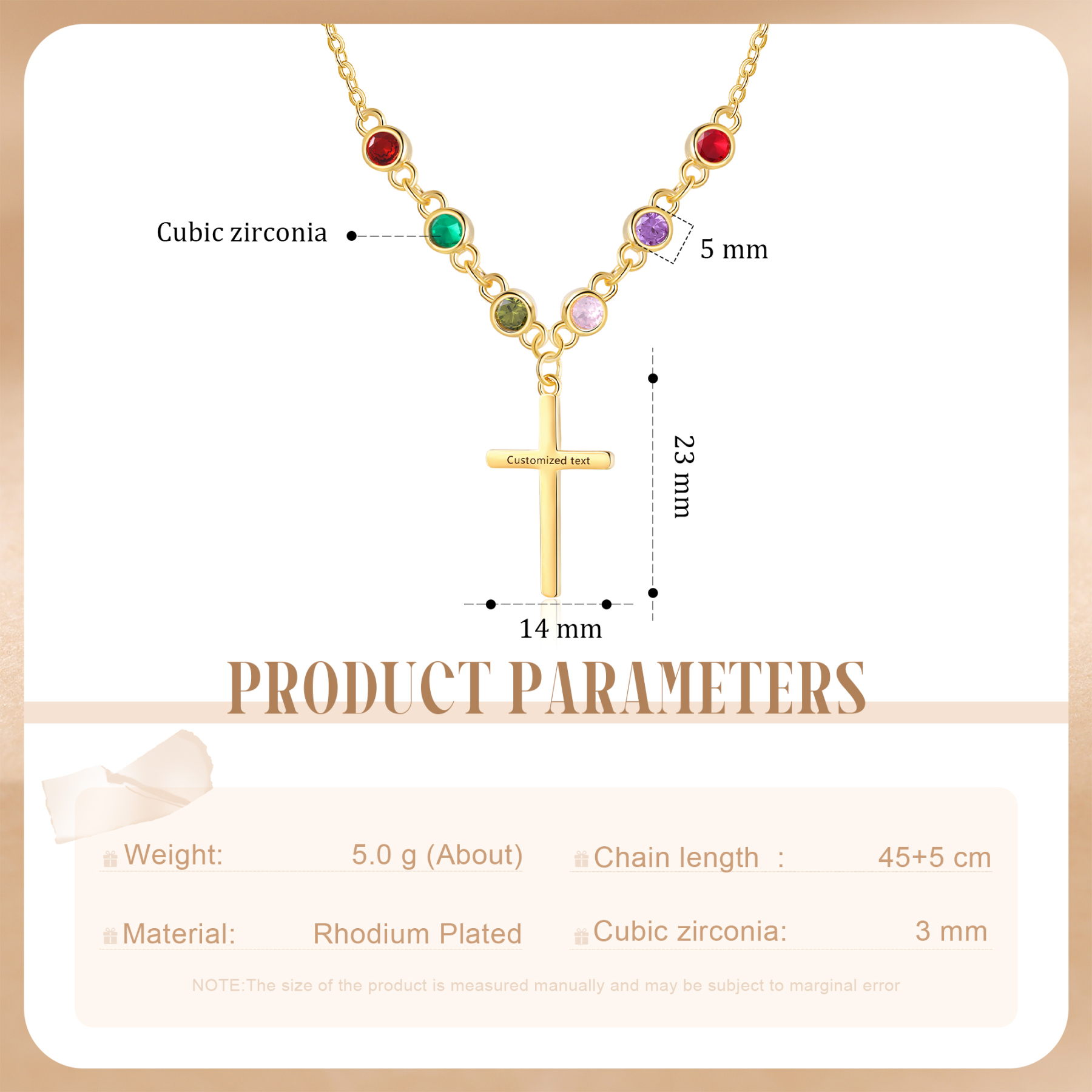 Collier Croix 6 Pierres de Naissance Personnalisés avec Texte Collier pour Femmes