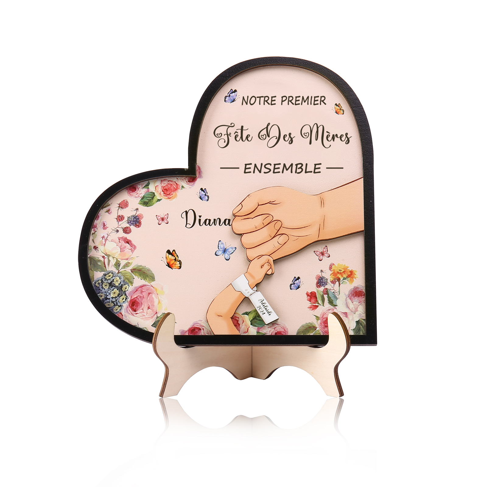 À Maman - Décoration en bois Mains 2 Prénoms et Personnalisés avec Années Ornement Famille Notre Premier Fête des Mères