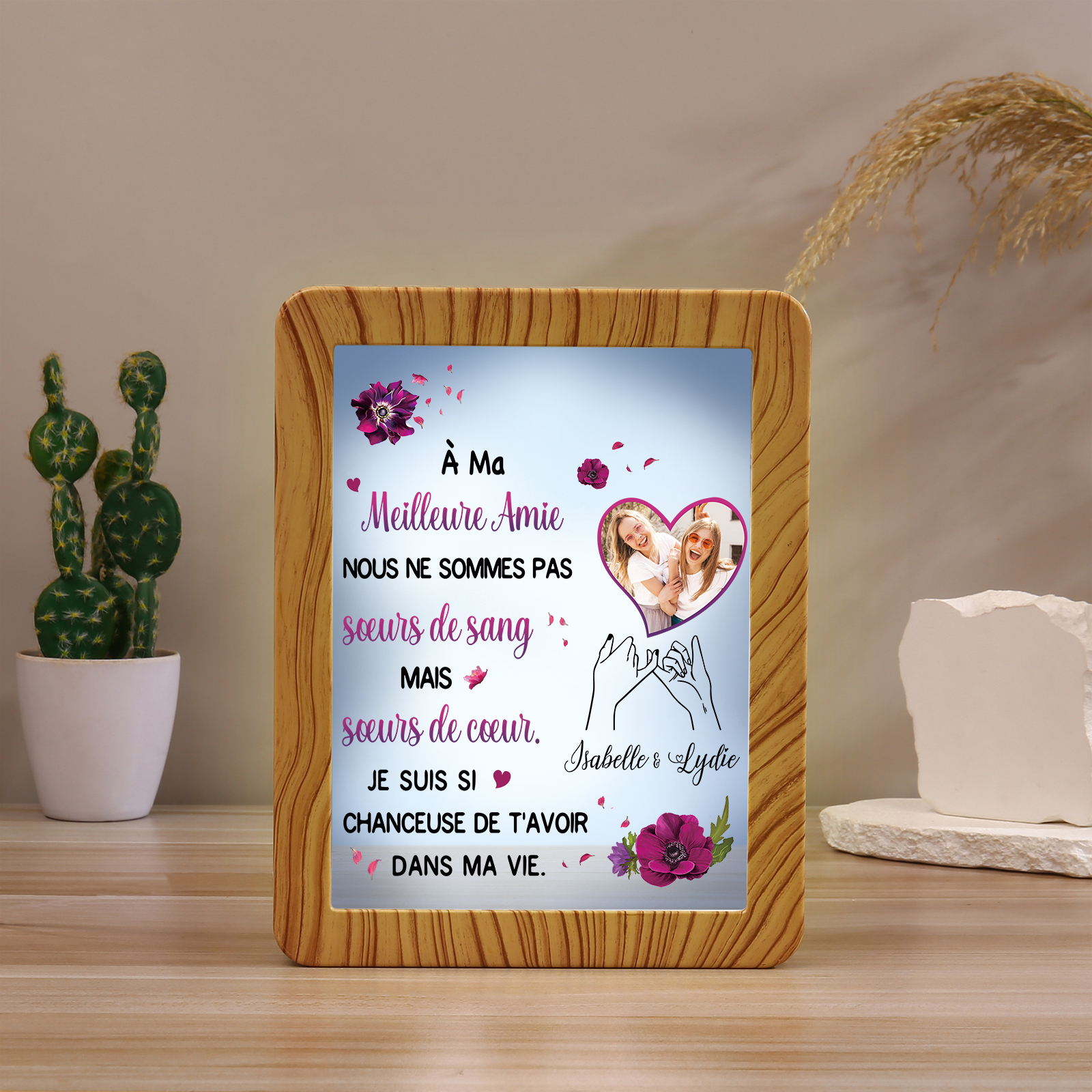 À ma Meilleure Amie - Cadre Photo/Miroir LED multifonctionnel 2 Prénoms Personnalisés avec 1 Photo