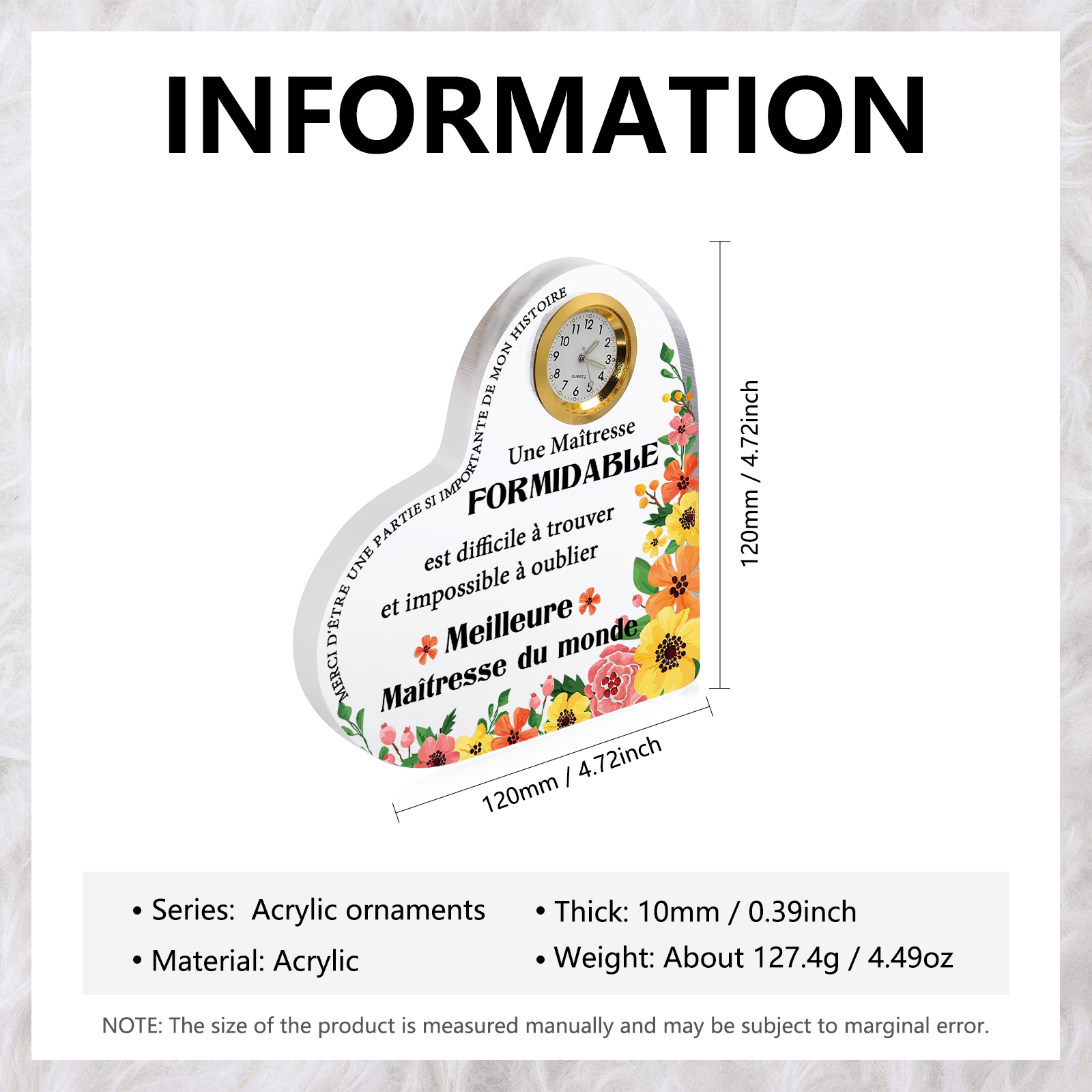 Cadeau Maîtresse – Plaque acrylique Coeur avec Horloge et Message “Meilleure Maîtresse du Monde” | Jessemade