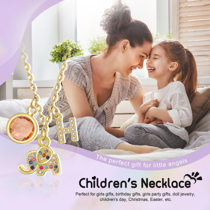 Collier Enfants Bébé Collier Éléphant 1 Pierre de Naissance et 1 Lettre pour Fille Filleule