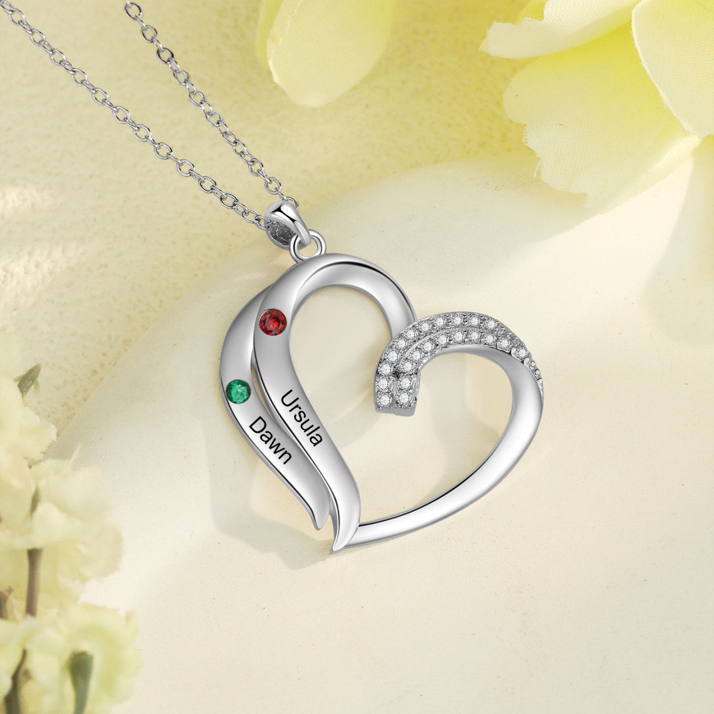 Collier Coeur 2 Prénoms Personnalisés avec Pierre de naissance pour Femmes|Jessemade
