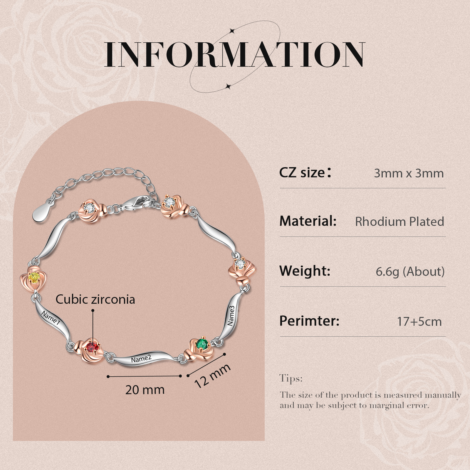 Bracelet Roses 3 Prénom Personnalisé avec 3 Pierre de Naissance