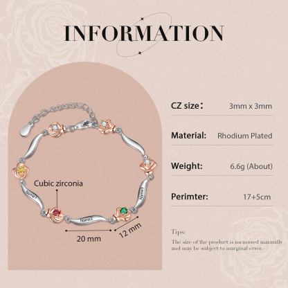 Bracelet Roses 3 Prénom Personnalisé avec 3 Pierre de Naissance