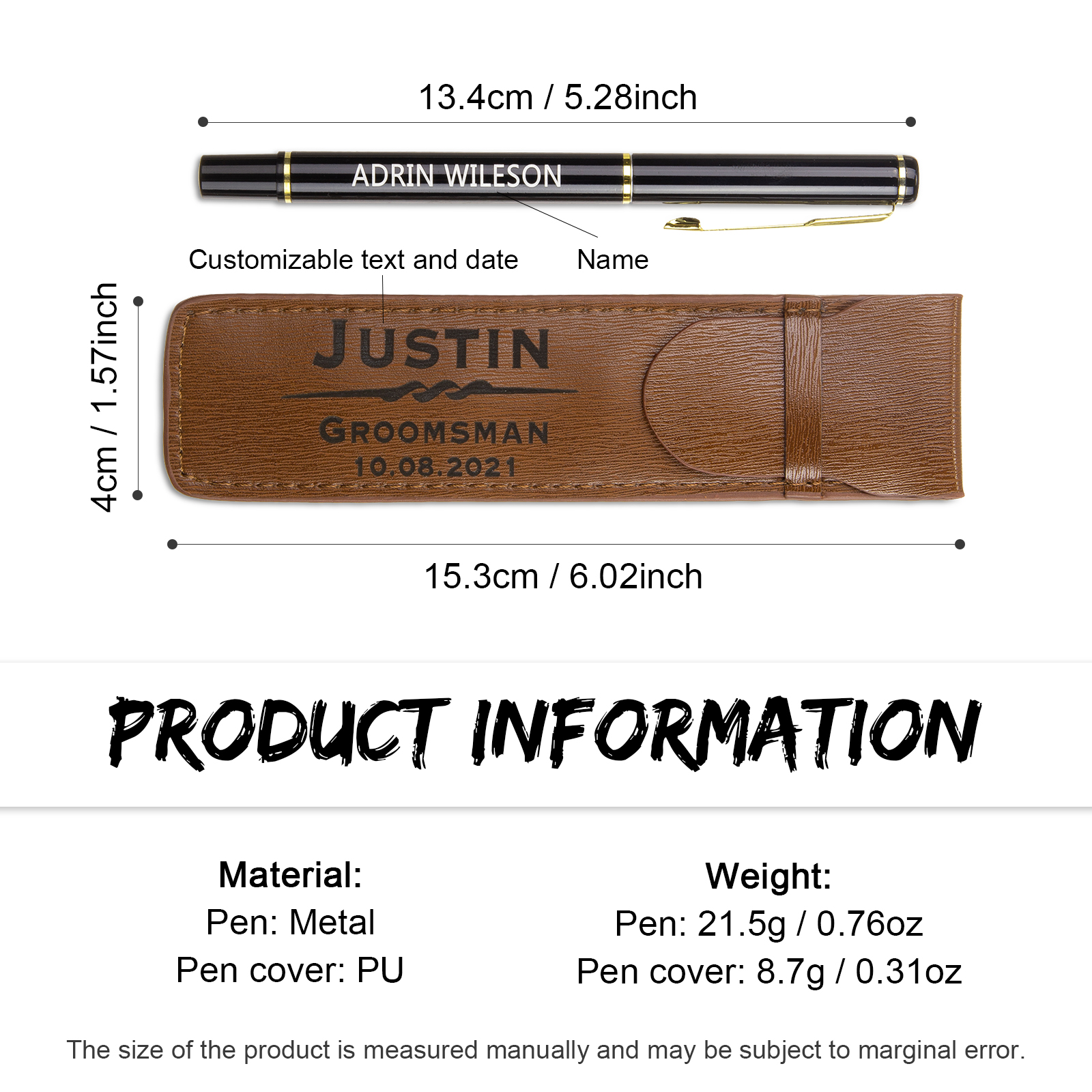 Porte-Stylo en Cuir PU Prénom Personnalisé avec un stylo
