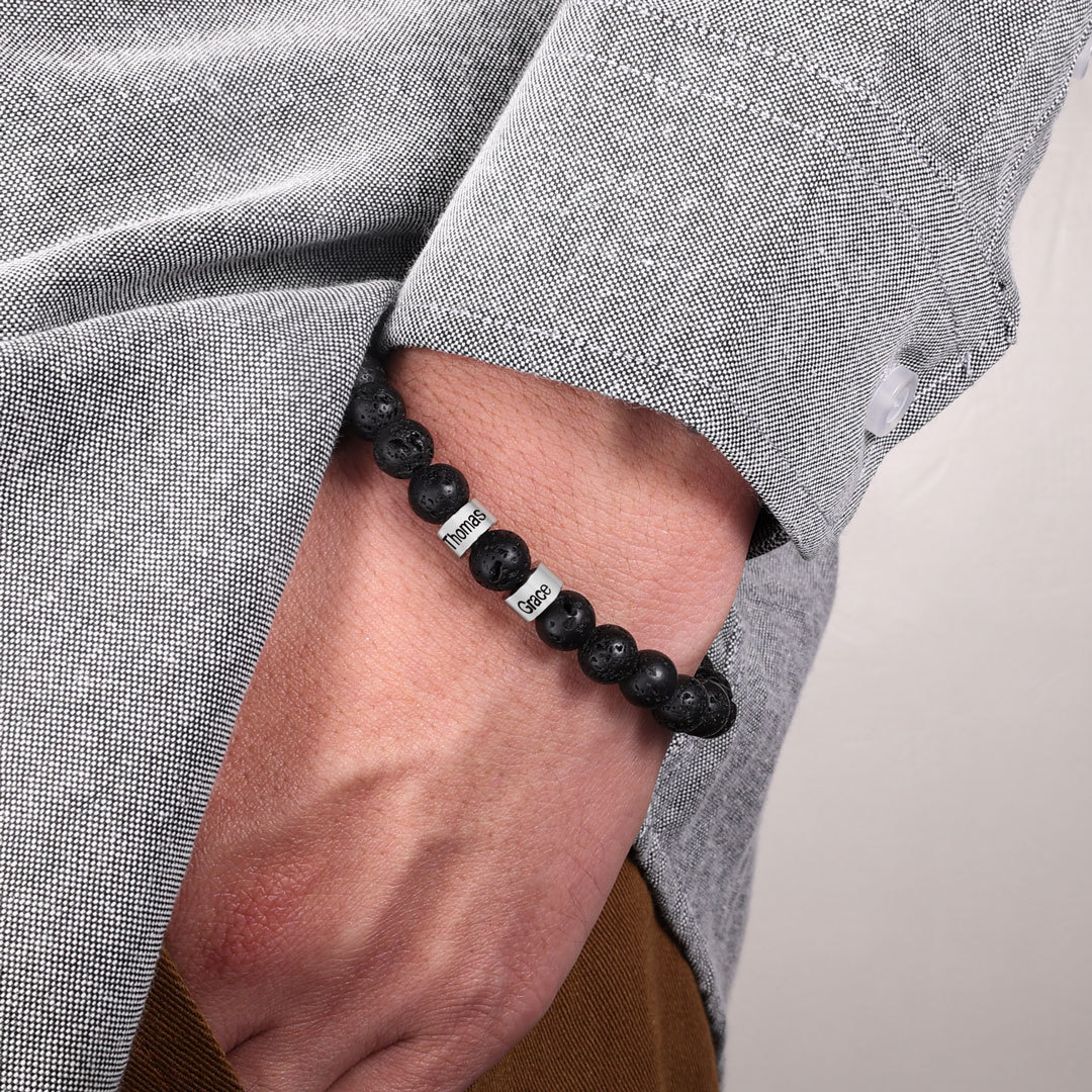 Bracelet 3 Prénom Personnalisé Pierre de lave Noir Bracelet Homme