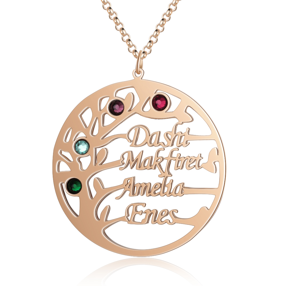 Collier Argent Arbre de vie Arbre généalogique 4 prenoms Avec Pierre De Naissance