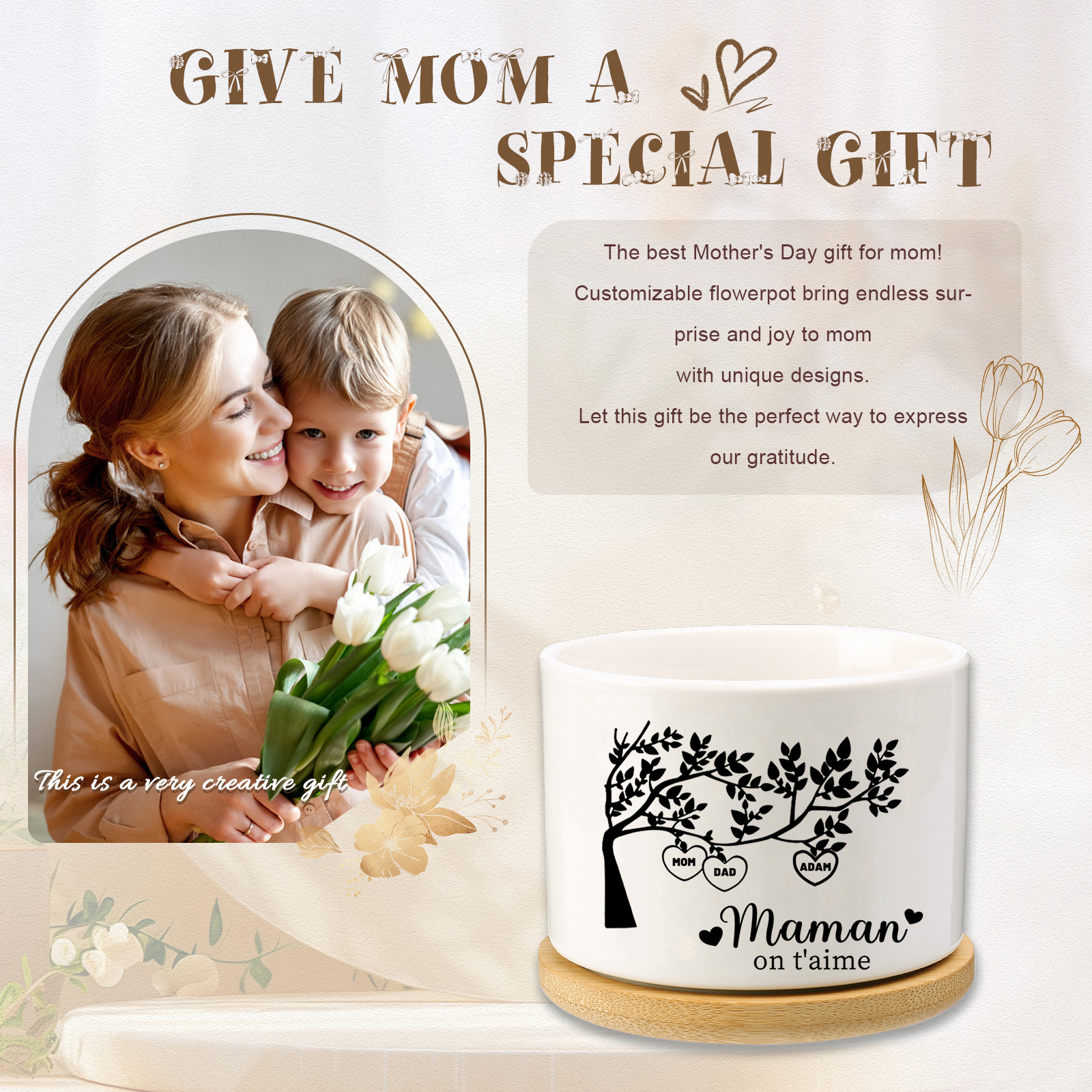 Vase/Pot de Fleurs Arbre de vie 3 Prénoms Personnalisés avec Texte Décoration de la Maison (sans plantes)