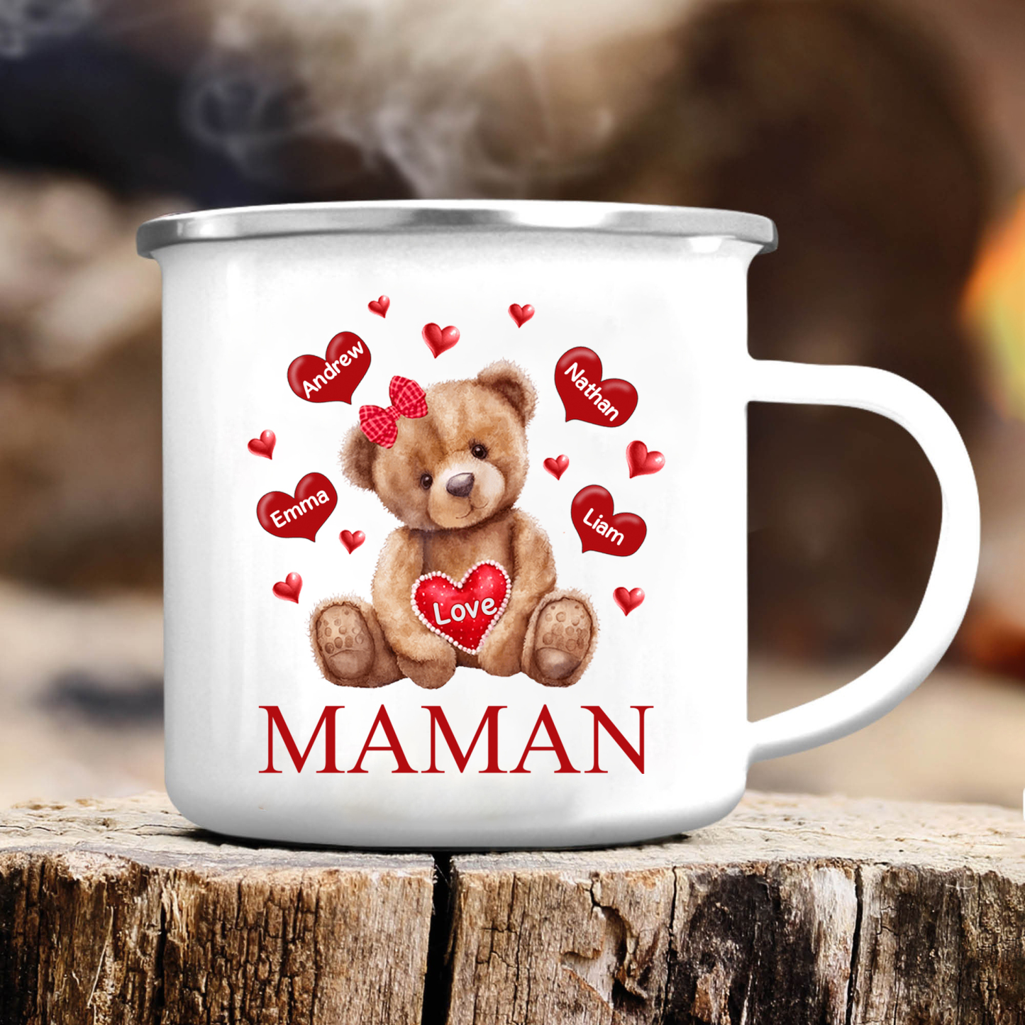 À Maman/Mamie - Tasse émaillée Ours 4 Prénoms Personnalisés