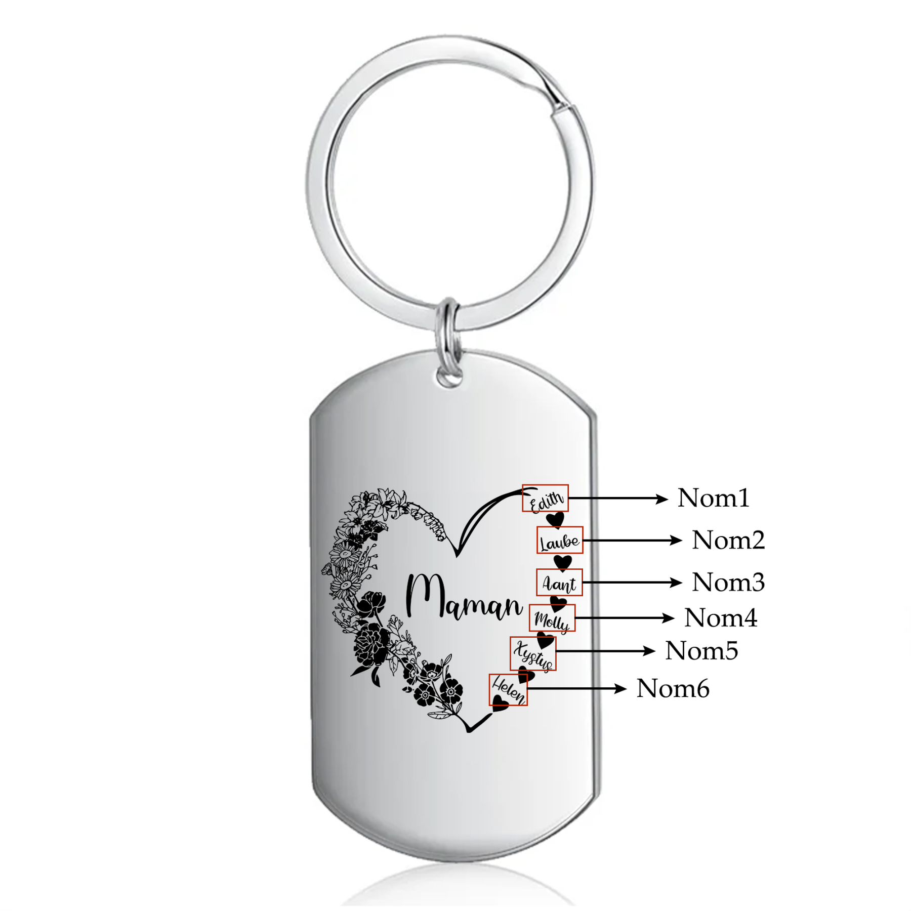 À Ma Maman - Porte-Clés Fleur et Cœur 1-6 Noms Personnalisés