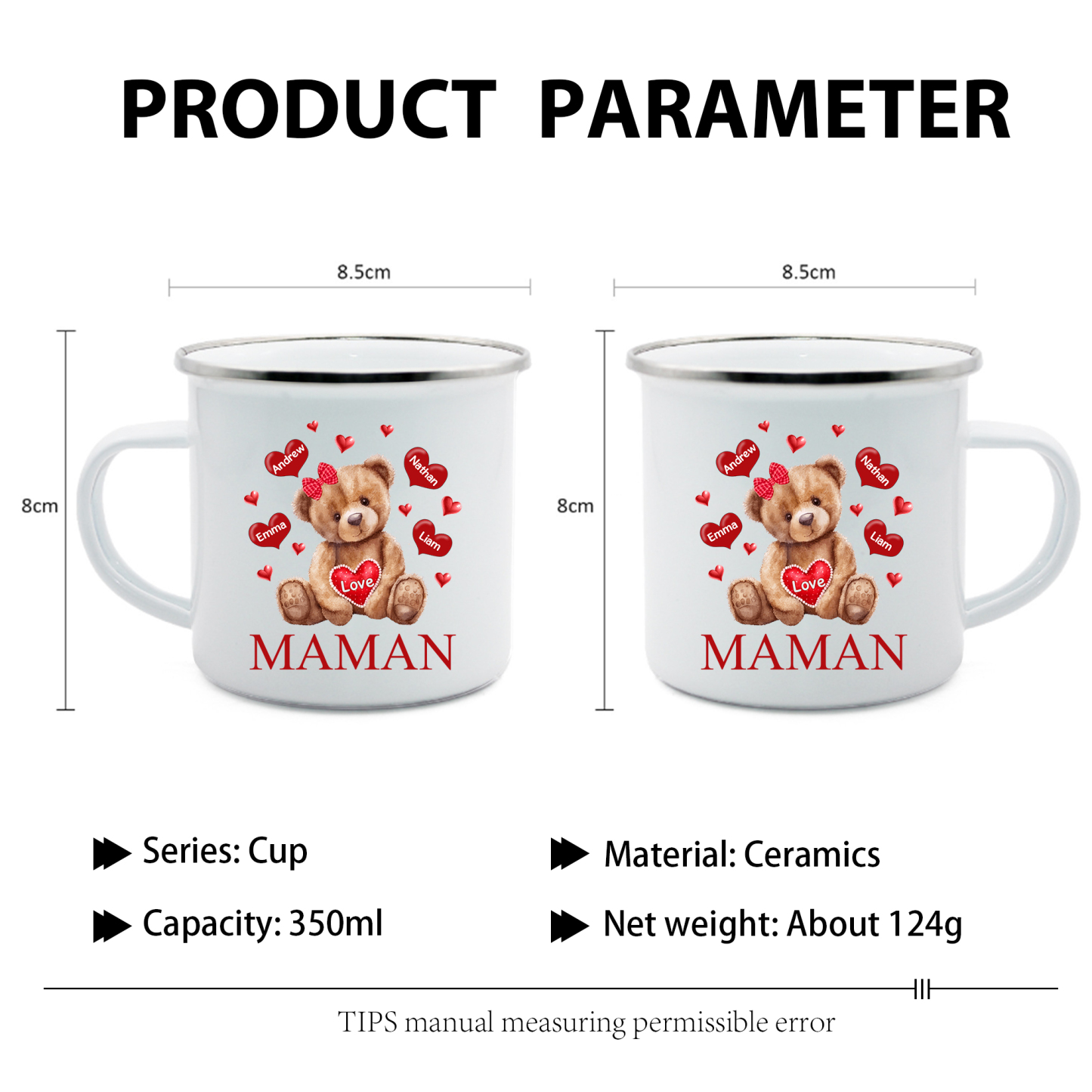 À Maman/Mamie - Tasse émaillée Ours 4 Prénoms Personnalisés