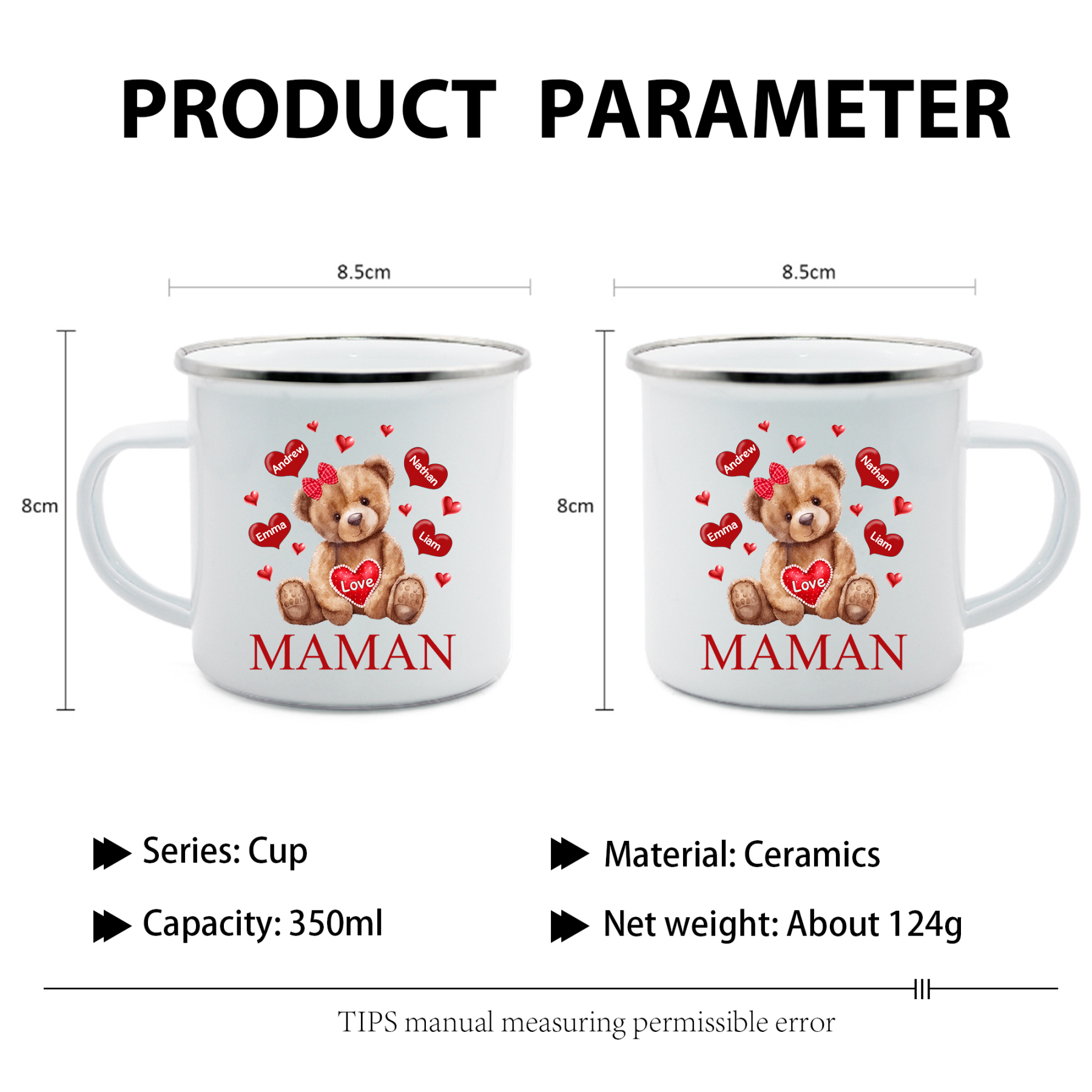 À Maman/Mamie - Tasse émaillée Ours 4 Prénoms Personnalisés