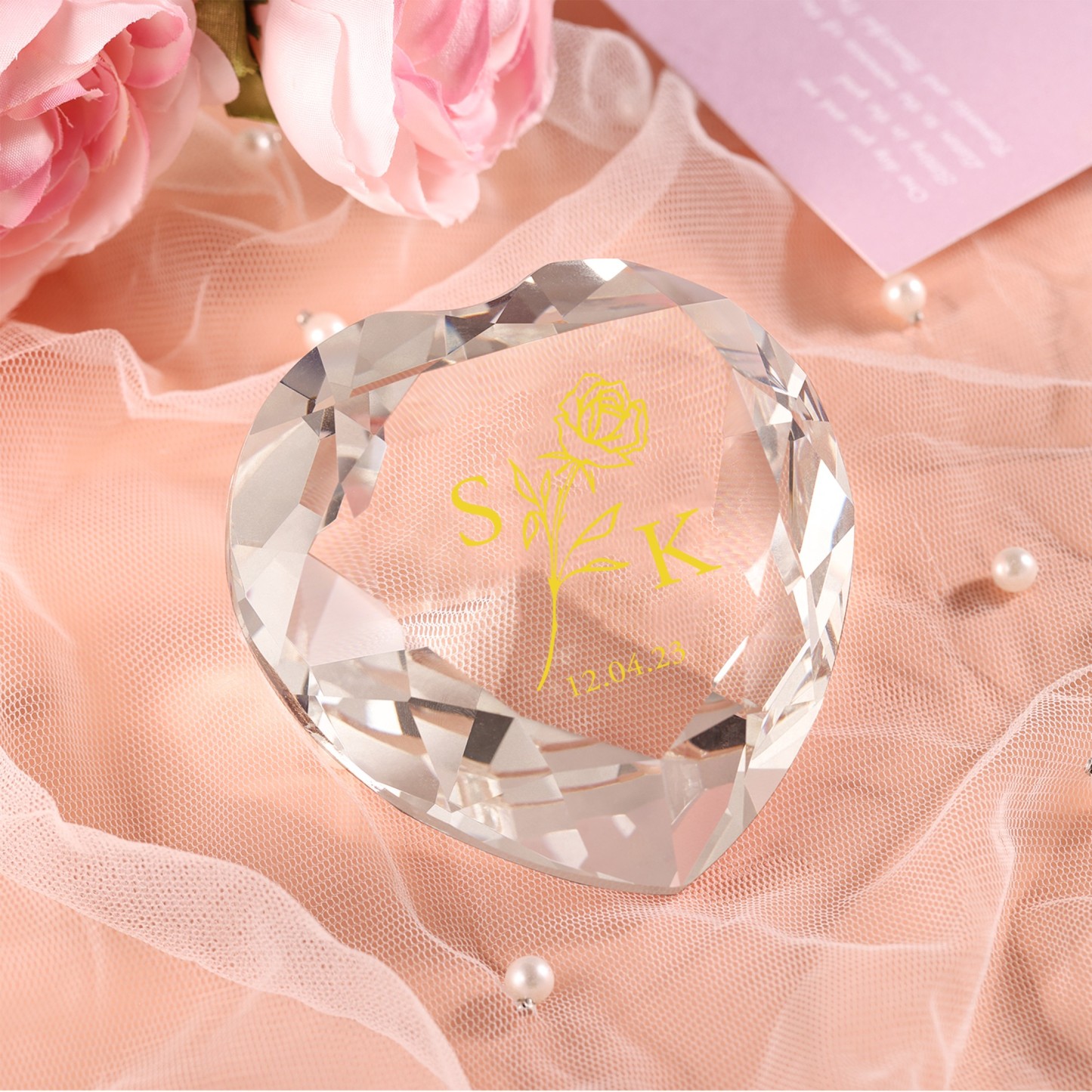 Décoration Cristal Cœur 2 Lettres Personnalisées avec Date pour Couple