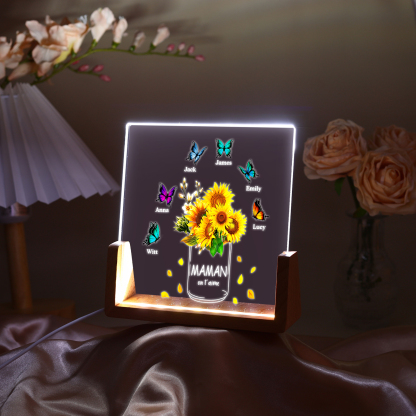À Maman/Mamie - Lampe de chevet LED Tournesol 6 Prénoms Personnalisés avec 2 Textes pour Famille