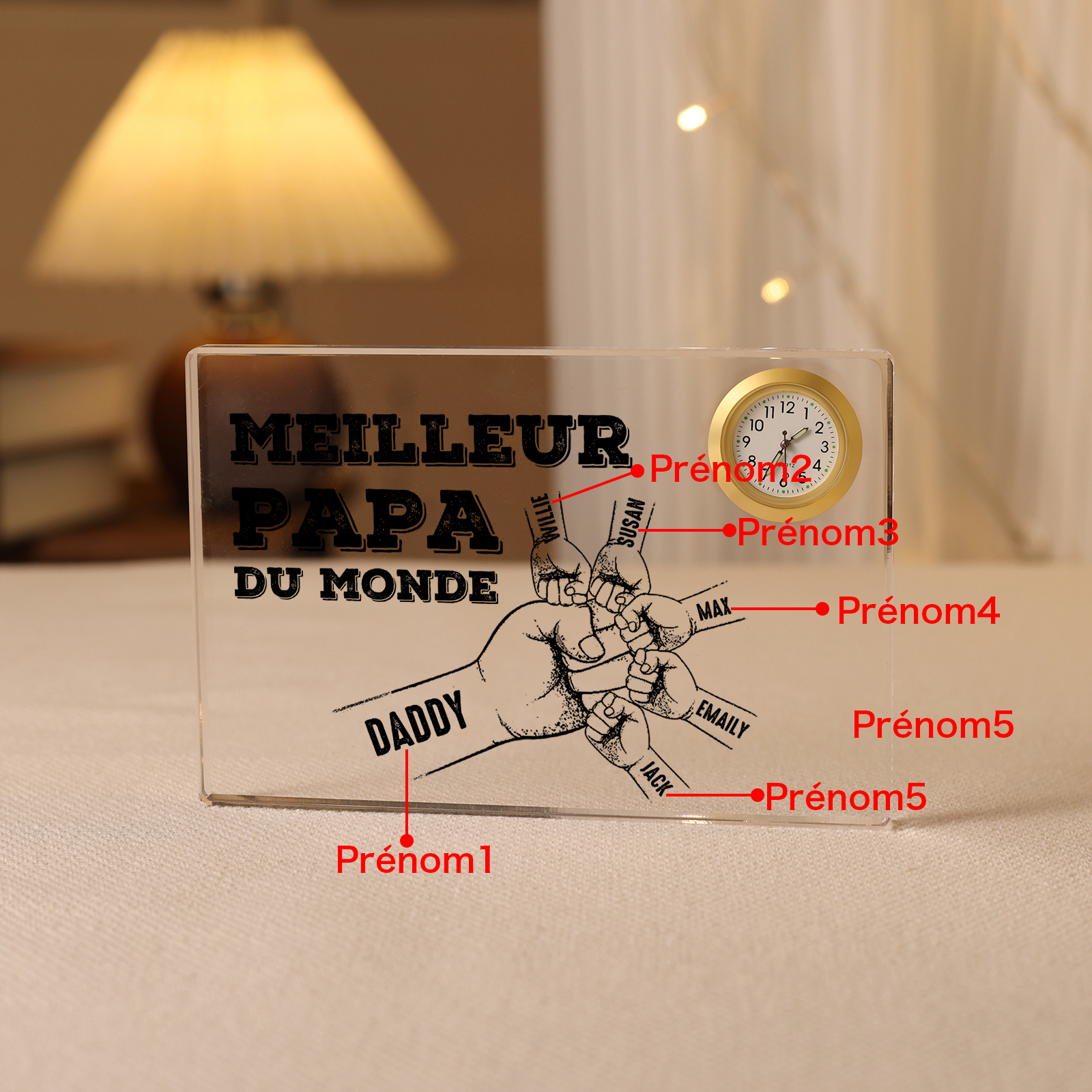 À mon Papa - Plaque Acrylique Rectangle avec Horloge Poings 6 Prénoms Personnalisés