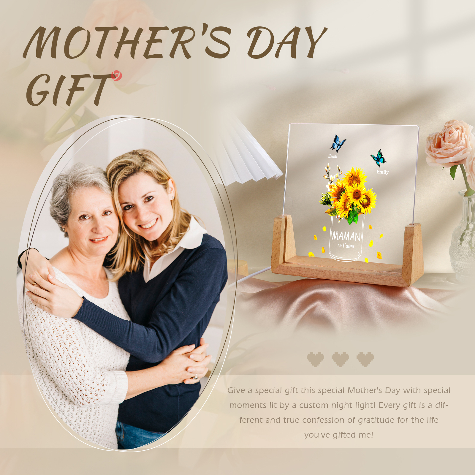 À Maman/Mamie - Lampe de chevet LED Tournesol 2 Prénoms Personnalisés avec 2 Textes pour Famille