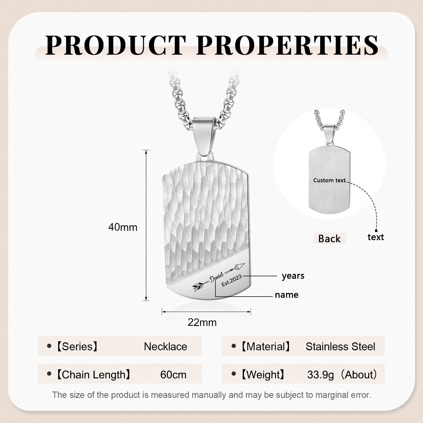 Collier 1 Prénom et Texte Personnalisés avec Année