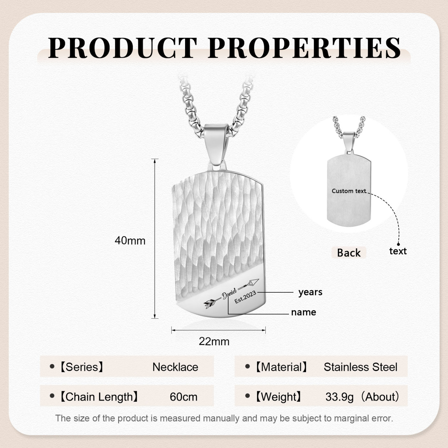 Collier 1 Prénom et Texte Personnalisés avec Année