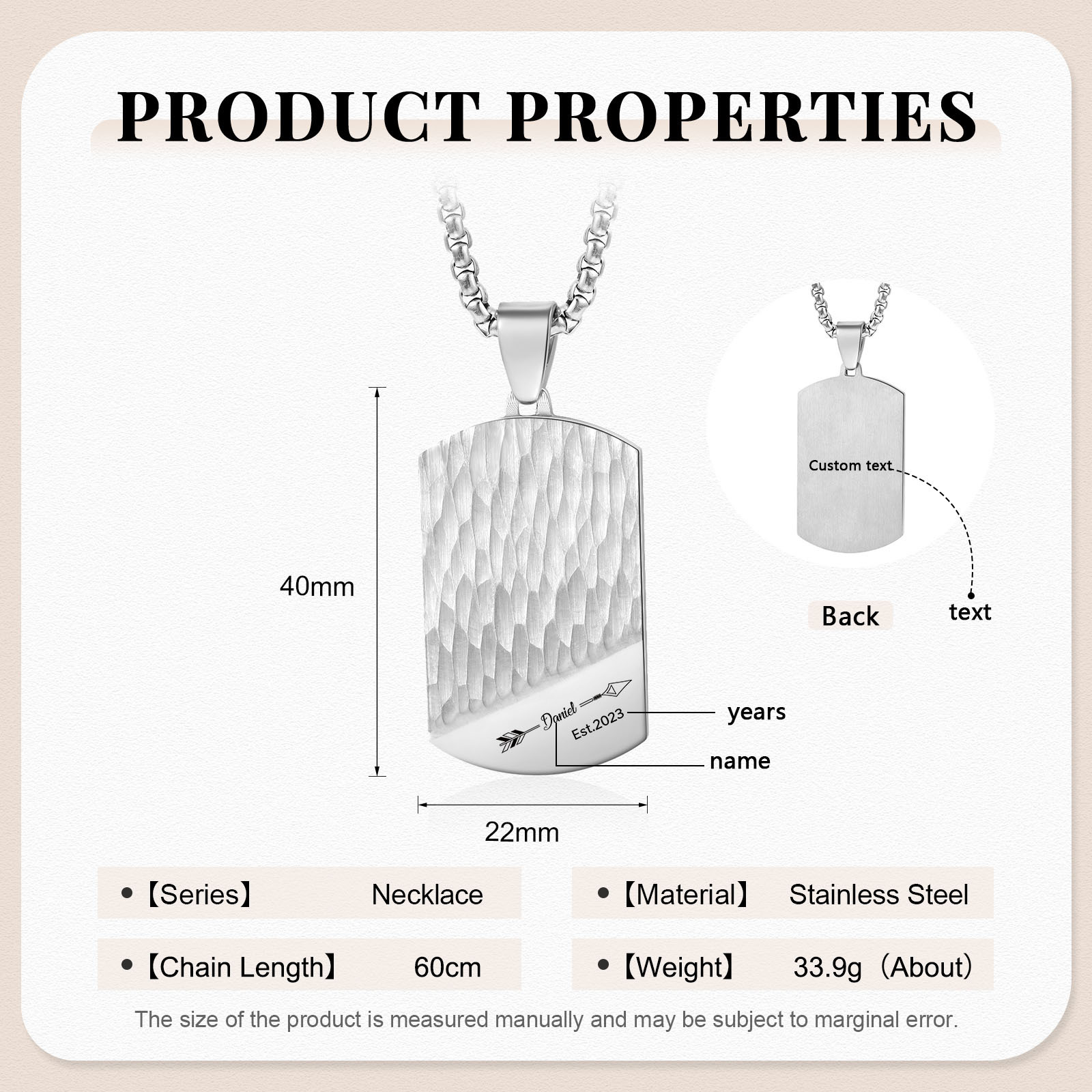 Collier 1 Prénom et Texte Personnalisés avec Année