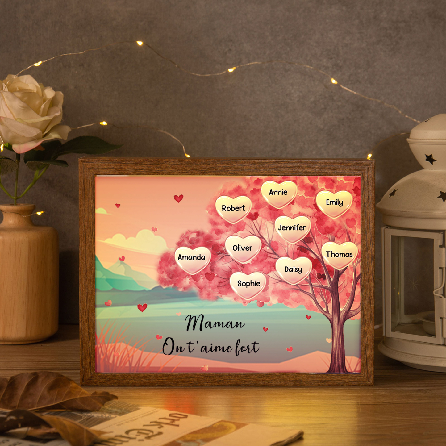 Cadre Photo LED Arbre 9 Prénoms Personnalisés avec 1 Texte Décoration Famille