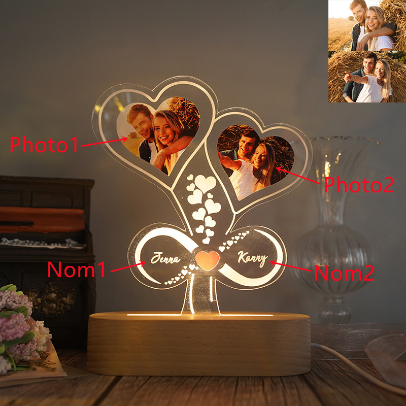 Lampe de chevet ballon de coeur et infini LED Lumières monochrome 2 prénoms personnalisée avec 2 photos | Jessemade