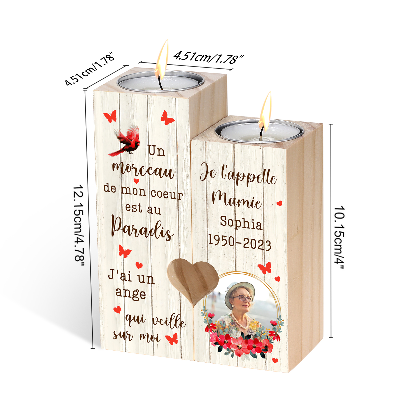 Bougeoir en Bois Commémoratif 1 Prénom et Photo Personnalisé avec Texte et Date sans bougie