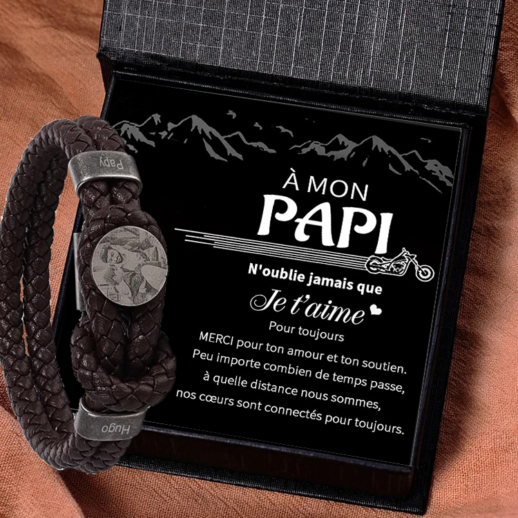 À mon Papi-Bracelet Photo Personnalisé avec 2 Prénoms Bracelet en Cuir｜Jessemade
