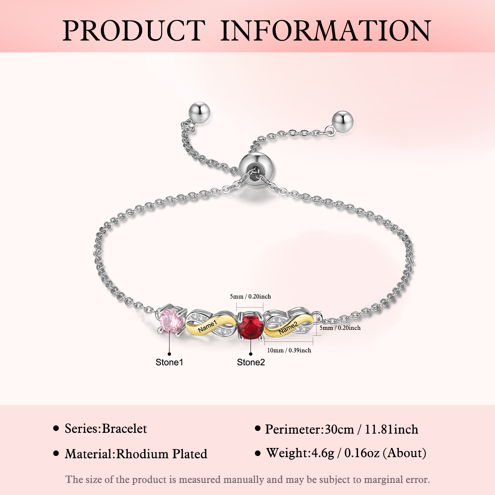 À Ma Mamie  - Bracelet infini 2 Prénoms Personnalisé avec 2 Pierres de Naissance