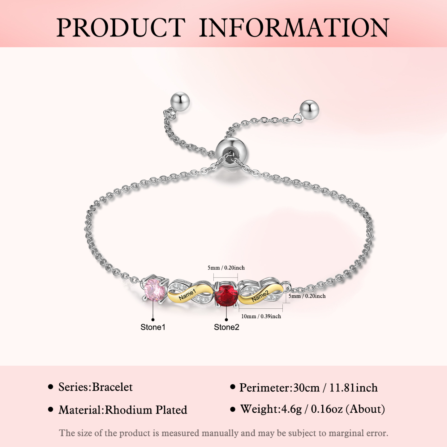 À Ma Mamie  - Bracelet infini 2 Prénoms Personnalisé avec 2 Pierres de Naissance