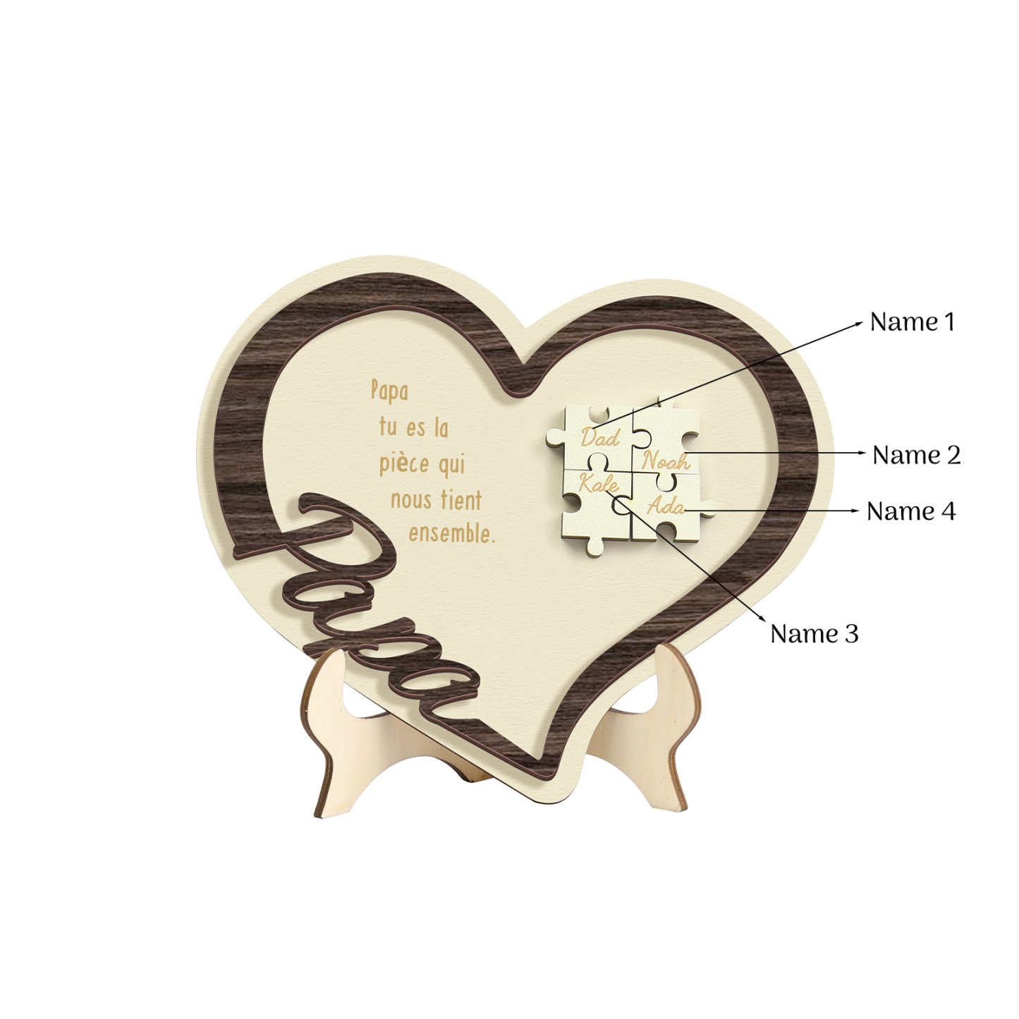 À mon Papa - Décoration en bois Cœur Puzzle 4 Prénoms Personnalisés Ornement pour Famille