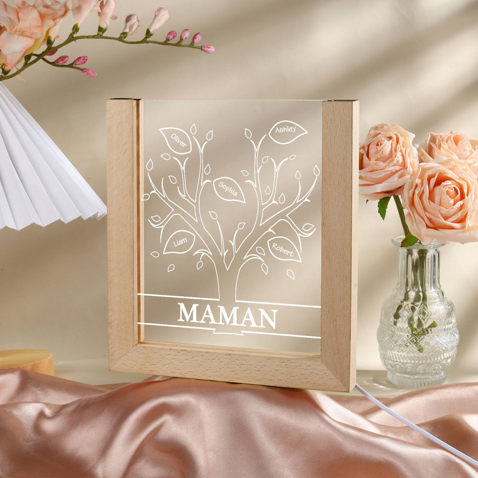 À Maman/Mamie - Lampe de chevet LED Arbre 5 Prénoms Personnalisés avec 1 Texte