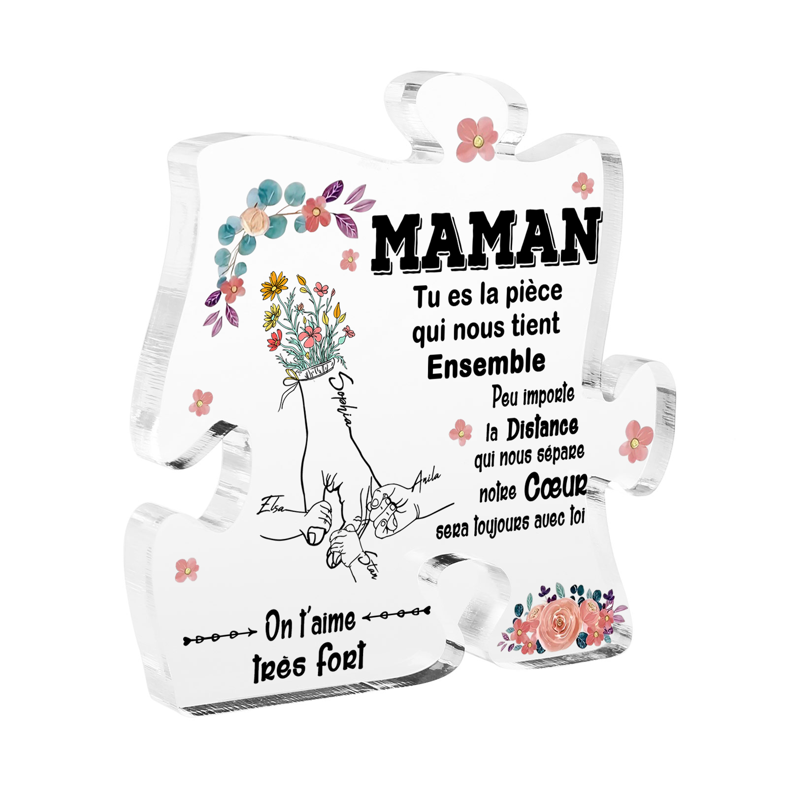 À ma Maman - Plaque Acrylique en forme de Puzzle 4 Prénoms Personnalisés la Main dans la Main cadeau pour femme anniversaire | Jessemade