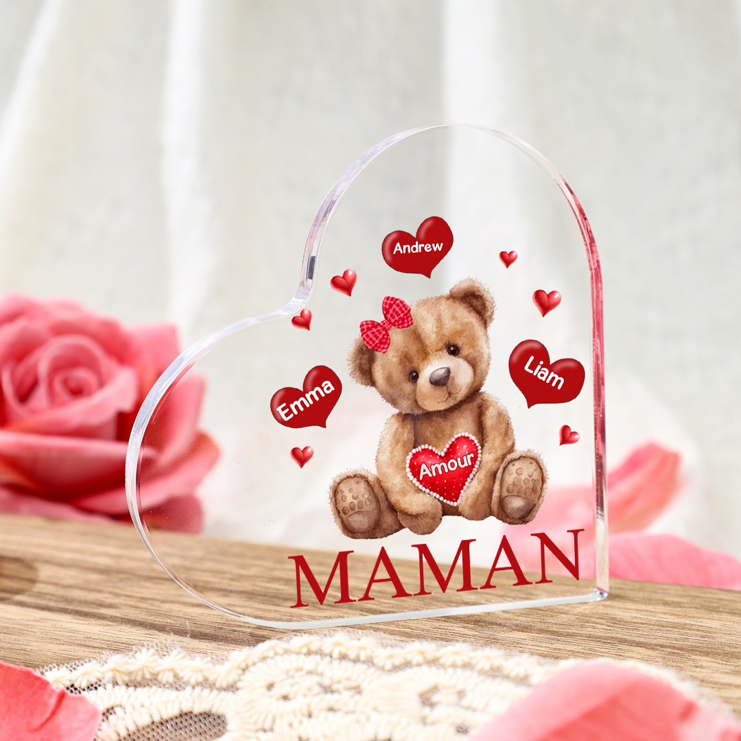 À ma Maman/Mamie - Plaque Acrylique Ours en Forme de Cœur 3 Prénoms Personnalisés avec 1 Texte